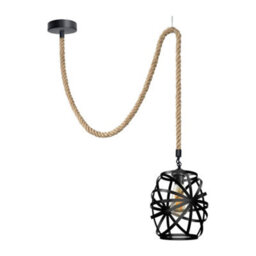 Hemp Rope E27 Single Head Pendant Light With Metal Black Wire Cage Vintage Ceiling Lamp Rope Height 200Cm, With Bulb - thumbnail 1