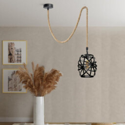 Hemp Rope E27 Single Head Pendant Light With Metal Black Wire Cage Vintage Ceiling Lamp Rope Height 200Cm, With Bulb - thumbnail 2
