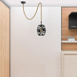 Hemp Rope E27 Single Head Pendant Light With Metal Black Wire Cage Vintage Ceiling Lamp Rope Height 200Cm, With Bulb - thumbnail 3