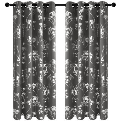 Deconovo Foil Printed Tree Blackout Curtains Eyelet Curtains For Living Room Dark Grey W46 X L54 Inch 2 Panels