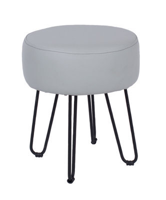 Furry Grey Pu Round Stool Black Metal Legs