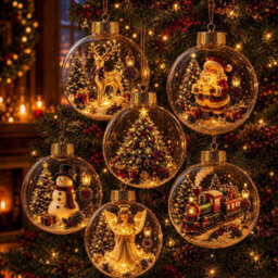 CLEFFNS 6Pcs Lighted Christmas Ornament Miniature Scene Clear Globe Hanging Decoration Glowing Christmas Story Ornament For Christmas Tree - thumbnail 1
