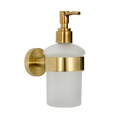 Homestylestore Round Wall Mounted Bathroom Glass Soap Dispenser With Brushed Brass Holder - image 1