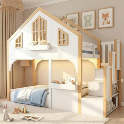 Modernluxe 3Ft Bunk Bed, 90X190Cm, Loft Bed, Children's Bed, House Bed With Led Lighting And Storage Stairs, White+Natural Color - image 1