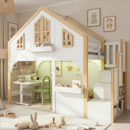 Modernluxe 3Ft Bunk Bed, 90X190Cm, Loft Bed, Children's Bed, House Bed With Led Lighting And Storage Stairs, White+Natural Color - thumbnail 3