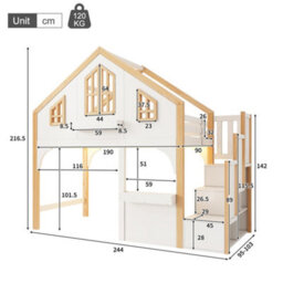Modernluxe 3Ft Bunk Bed, 90X190Cm, Loft Bed, Children's Bed, House Bed With Led Lighting And Storage Stairs, White+Natural Color - thumbnail 4