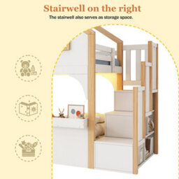 Modernluxe 3Ft Bunk Bed, 90X190Cm, Loft Bed, Children's Bed, House Bed With Led Lighting And Storage Stairs, White+Natural Color - thumbnail 7