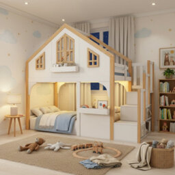 Modernluxe 3Ft Bunk Bed, 90X190Cm, Loft Bed, Children's Bed, House Bed With Led Lighting And Storage Stairs, White+Natural Color - thumbnail 2