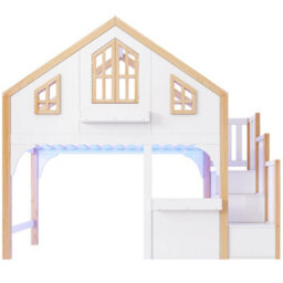 Modernluxe 3Ft Bunk Bed, 90X190Cm, Loft Bed, Children's Bed, House Bed With Led Lighting And Storage Stairs, White+Natural Color - thumbnail 8