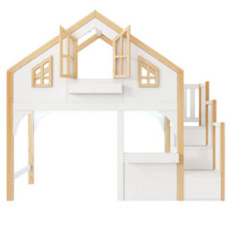 Modernluxe 3Ft Bunk Bed, 90X190Cm, Loft Bed, Children's Bed, House Bed With Led Lighting And Storage Stairs, White+Natural Color - thumbnail 9