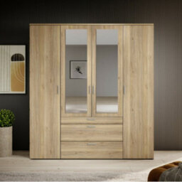 Arte Charming Vesala 4 Hinged Door Wardrobe With Mirror 1800mm X 1950mm X 560mm - Oak Mauvella Finish