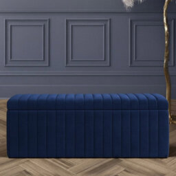 90Cm Wide Lux Ottoman Storage Box, Sapphire Blue Velvet Upholstered Full Striped Storage Ottoman Box