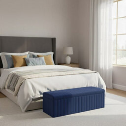 90Cm Wide Lux Ottoman Storage Box, Sapphire Blue Velvet Upholstered Full Striped Storage Ottoman Box - thumbnail 2