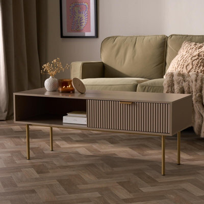Ohs Ribbed Coffee Table With Drawer Engineered Wood Shelf Storage Home Decor, Natural - image 1