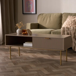 Ohs Ribbed Coffee Table With Drawer Engineered Wood Shelf Storage Home Decor, Natural - thumbnail 1