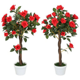 Outsunny Set Of 2 90Cm Artificial Rose Tree, Fake Decorative Plant, Red - thumbnail 2