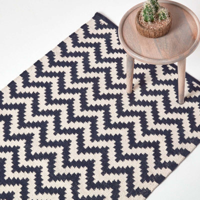 Homescapes Casablanca Handwoven Zig Zag Pattern Dark Blue And White 100% Cotton Kilim Rug, 90 X 150 Cm - image 1