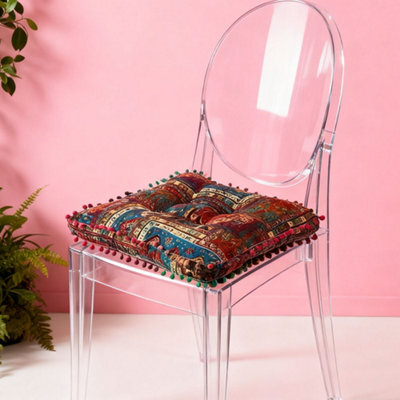 Thehotsale Blue Bohemian Style Faux Linen Double-Sided Chair Cushion With Pom-Pom Trim, 40Cm (W) X 40Cm (D) X 8Cm (H) - image 1