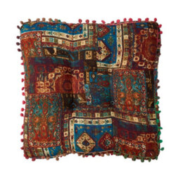 Thehotsale Blue Bohemian Style Faux Linen Double-Sided Chair Cushion With Pom-Pom Trim, 40Cm (W) X 40Cm (D) X 8Cm (H) - thumbnail 4