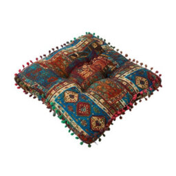 Thehotsale Blue Bohemian Style Faux Linen Double-Sided Chair Cushion With Pom-Pom Trim, 40Cm (W) X 40Cm (D) X 8Cm (H) - thumbnail 6