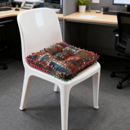 Thehotsale Blue Bohemian Style Faux Linen Double-Sided Chair Cushion With Pom-Pom Trim, 40Cm (W) X 40Cm (D) X 8Cm (H) - thumbnail 3