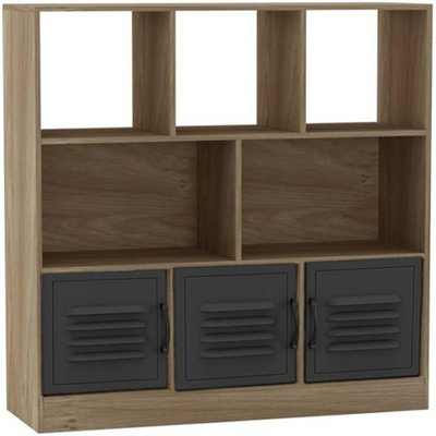 Urbn-Living Urbnliving Asymmetrical 8 Cube Oak Bookcase Freestanding Storage Unit With 3 Metal Doors - Black - image 1