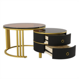 Abrihome 2-In-1 Round Mdf Coffee Table With 1 High-Gloss Table Top And 1 Side Table With Brown Tempered Glass Tabletop, Set With 2 Drawers - thumbnail 6