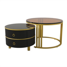 Abrihome 2-In-1 Round Mdf Coffee Table With 1 High-Gloss Table Top And 1 Side Table With Brown Tempered Glass Tabletop, Set With 2 Drawers - thumbnail 8