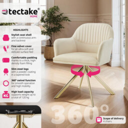 Tectake Set Of 4 Lounge Armchair Living Room Accent Chair 360 Swivel Slim Steel Legs Velvet Fabric   - Cream/gold - thumbnail 2
