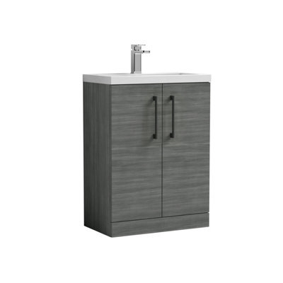 Balterley Bramshall Compact Bathroom Cloakroom Vanity Basin Unit With Polymarble Basin, Black Handles, 600mm, Woodgrain Grey - image 1