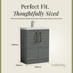 Balterley Bramshall Compact Bathroom Cloakroom Vanity Basin Unit With Polymarble Basin, Black Handles, 600mm, Woodgrain Grey - thumbnail 5