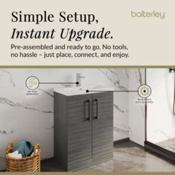 Balterley Bramshall Compact Bathroom Cloakroom Vanity Basin Unit With Polymarble Basin, Black Handles, 600mm, Woodgrain Grey - thumbnail 4