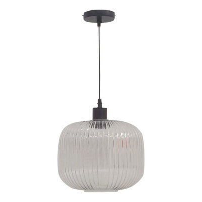 First Choice Lighting Baton - White Ribbed Oval Glass With Black Pendant Fitting - image 1