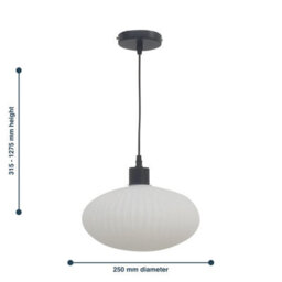 First Choice Lighting Baton - White Ribbed Oval Glass With Black Pendant Fitting - thumbnail 8