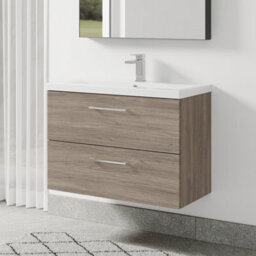 Balterley Bramshall Modern Bathroom Wall Hung 2 Soft Close Drawer Vanity Unit & Mid-Edge Basin, Solace Oak, 810mm - thumbnail 4
