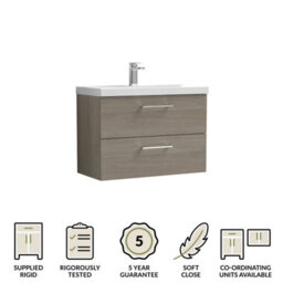 Balterley Bramshall Modern Bathroom Wall Hung 2 Soft Close Drawer Vanity Unit & Mid-Edge Basin, Solace Oak, 810mm - thumbnail 6