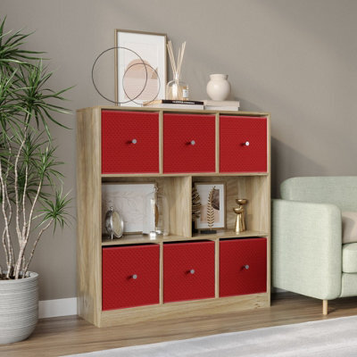 Urbn-Living Urbnliving Asymmetrical 8 Cube Bookcase Shelf Storage Unit W/ 6 Fabric Drawer Inserts (Oak+Red) - image 1