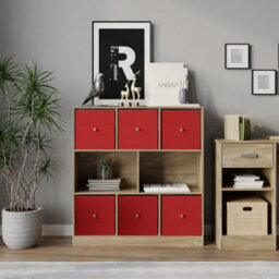 Urbn-Living Urbnliving Asymmetrical 8 Cube Bookcase Shelf Storage Unit W/ 6 Fabric Drawer Inserts (Oak+Red) - thumbnail 4