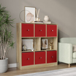 Urbn-Living Urbnliving Asymmetrical 8 Cube Bookcase Shelf Storage Unit W/ 6 Fabric Drawer Inserts (Oak+Red) - thumbnail 1