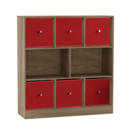 Urbn-Living Urbnliving Asymmetrical 8 Cube Bookcase Shelf Storage Unit W/ 6 Fabric Drawer Inserts (Oak+Red) - thumbnail 3