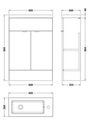 Hudson Reed Fusion Floor Standing 2 Door Vanity Unit & Polymarble Basin Compact, Sink Vanity Unit, Charcoal Black, 600mm - thumbnail 6