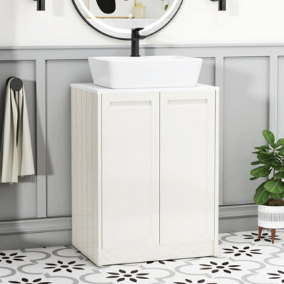 Royal Bathrooms Royal Bathroom Elmore 600mm Classic White Freestanding Bathroom Vanity Unit 2 Door Plain White Worktop With Cube Basin - image 1