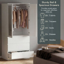 Lassic Vida Designs Denver 2 Door 3 Drawer Mirrored Wardrobe With Hanging Rail Bedroom Storage Cabinet, H 175 X W 77 X D 54 Cm, White - thumbnail 7