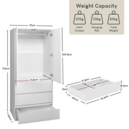 Lassic Vida Designs Denver 2 Door 3 Drawer Mirrored Wardrobe With Hanging Rail Bedroom Storage Cabinet, H 175 X W 77 X D 54 Cm, White - thumbnail 3