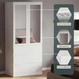 Lassic Vida Designs Denver 2 Door 3 Drawer Mirrored Wardrobe With Hanging Rail Bedroom Storage Cabinet, H 175 X W 77 X D 54 Cm, White - thumbnail 8