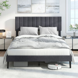 Gainoom King Size Grey Linen Upholstered Bed Frame With Adjustable Headboard Wooden Slats Support - thumbnail 5
