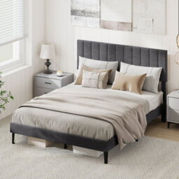 Gainoom King Size Grey Linen Upholstered Bed Frame With Adjustable Headboard Wooden Slats Support - thumbnail 4