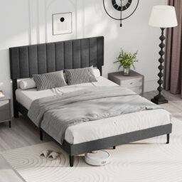 Gainoom King Size Grey Linen Upholstered Bed Frame With Adjustable Headboard Wooden Slats Support - thumbnail 3
