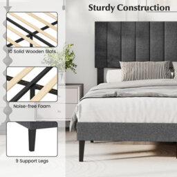 Gainoom King Size Grey Linen Upholstered Bed Frame With Adjustable Headboard Wooden Slats Support - thumbnail 8