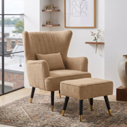 Chenille Fabric Brown Accent Chair With Footstool Camila - Wingback Armchair, Doorstep Delivery